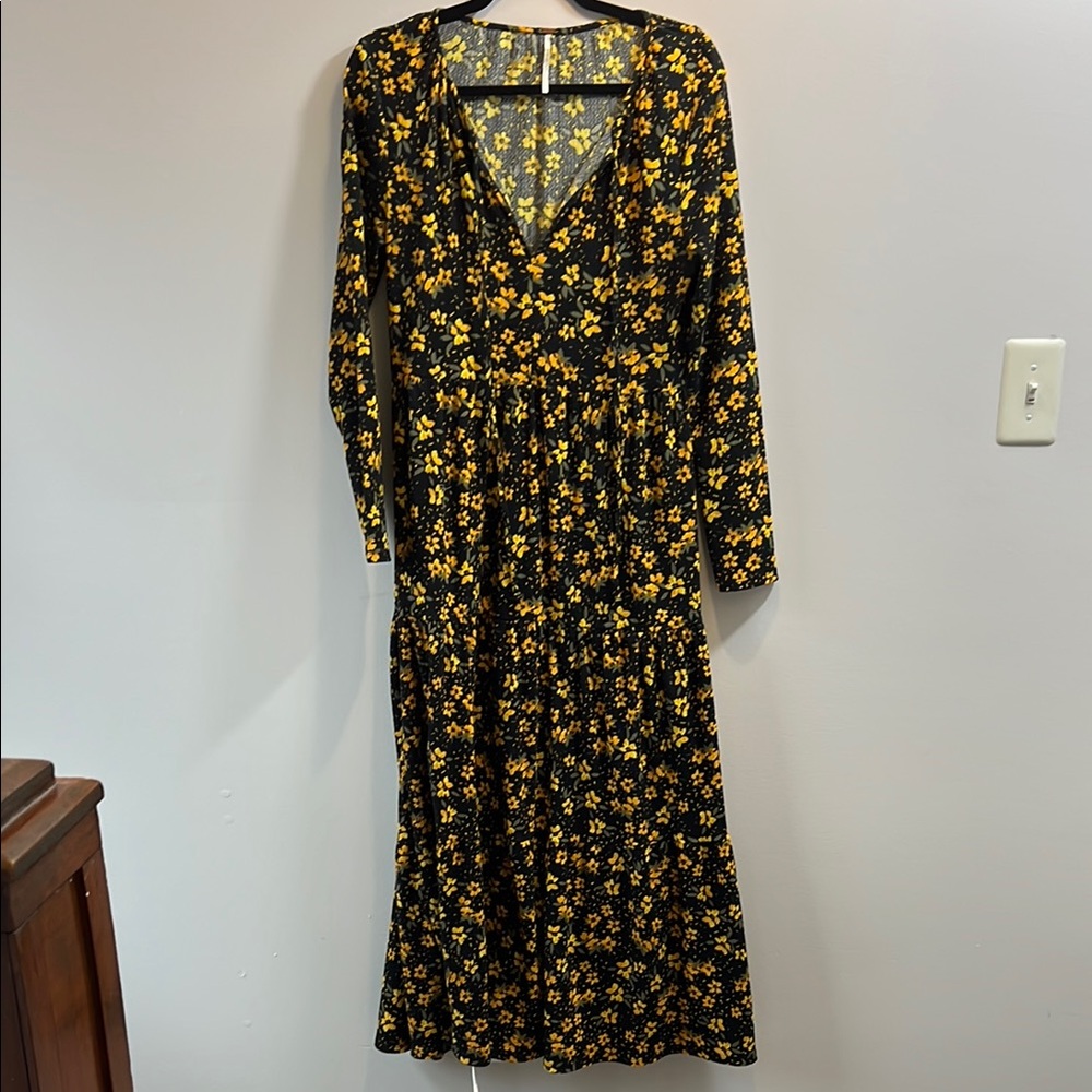 Free People/Nuuly Jersey Floral Black and Yellow Dress